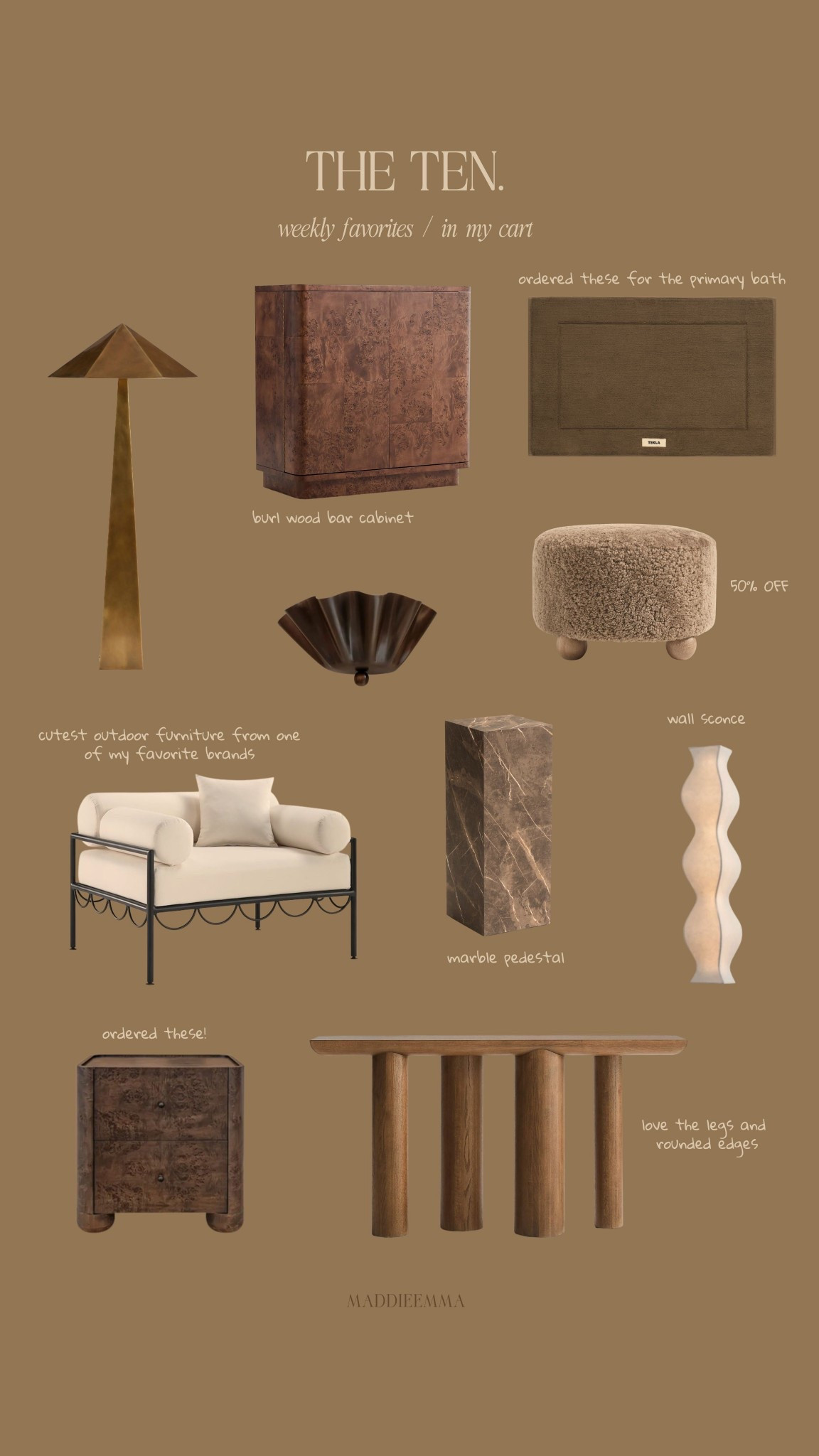 THE TEN: weekly favorites and purchases 

outdoor furniture, burlwood furniture, bar cabinet, bath mat, wall sconces, marble pedestal, floor lamp

#LTKHome