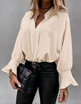 Valphsio Women's Elegant Tops Balloon Sleeve Formal Pleated Shirts V Neck Chiffon Blouses | Amazon (US)