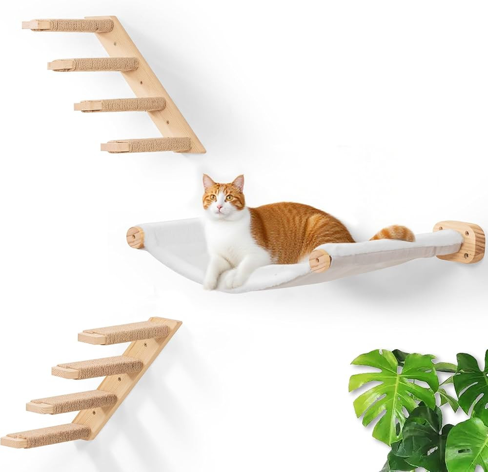 Cat Wall Hammock Set of 3, Wall Shelves with 1 Floating Fabric Hammock, 2 Cat Ladders with 4 Step... | Amazon (US)