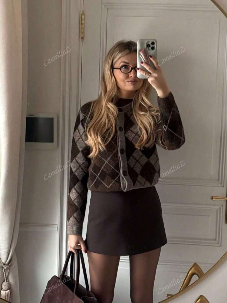 Camellia Women's Autumn/Winter New Rhombus Pattern Long Sleeve Single-Breasted Casual Cardigan Sweater | SHEIN