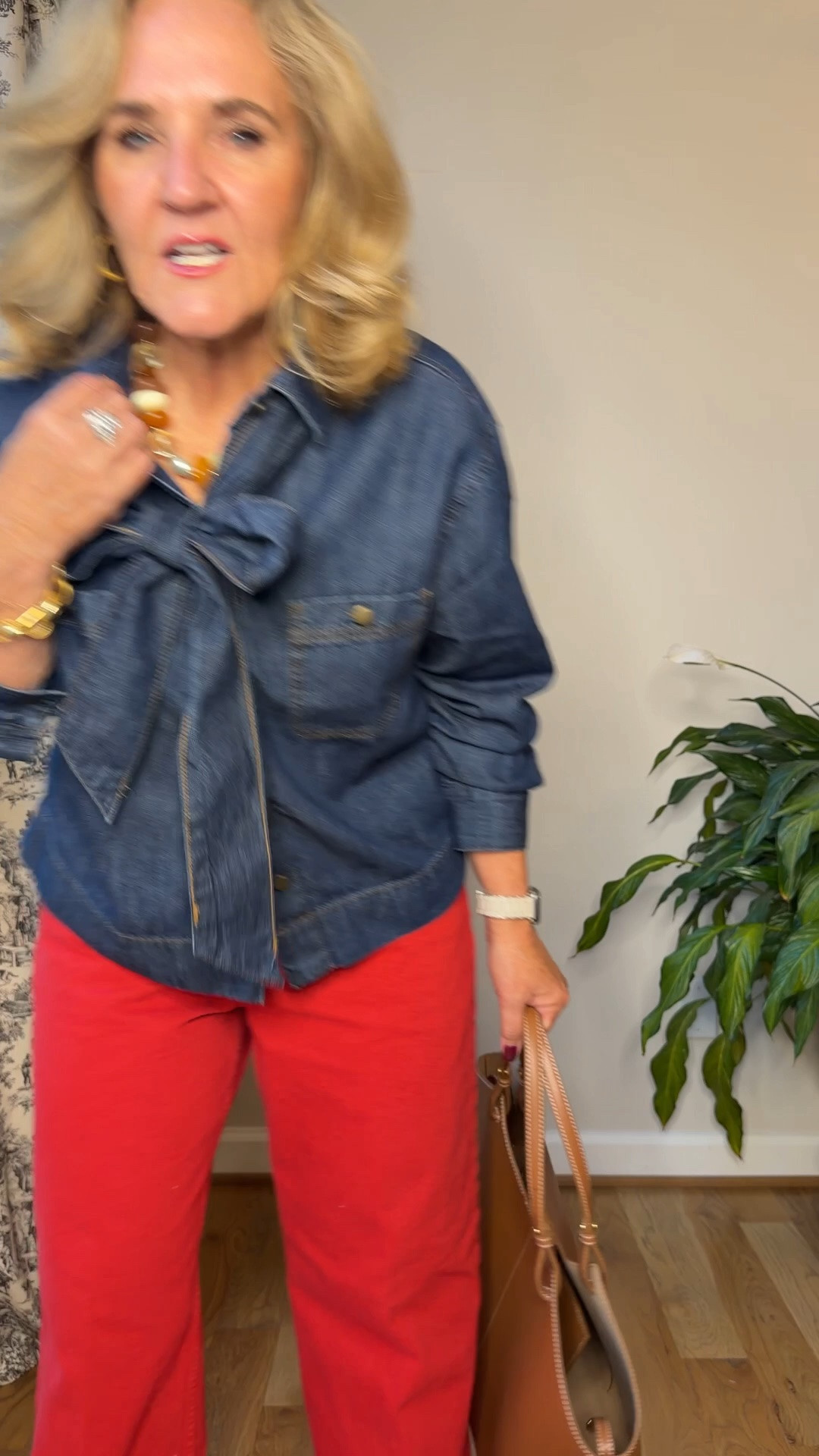 Necklace on sale through tonight! A favorite and goes with so much. 
Denim shirt med petite 
Red jeans 29 shirt