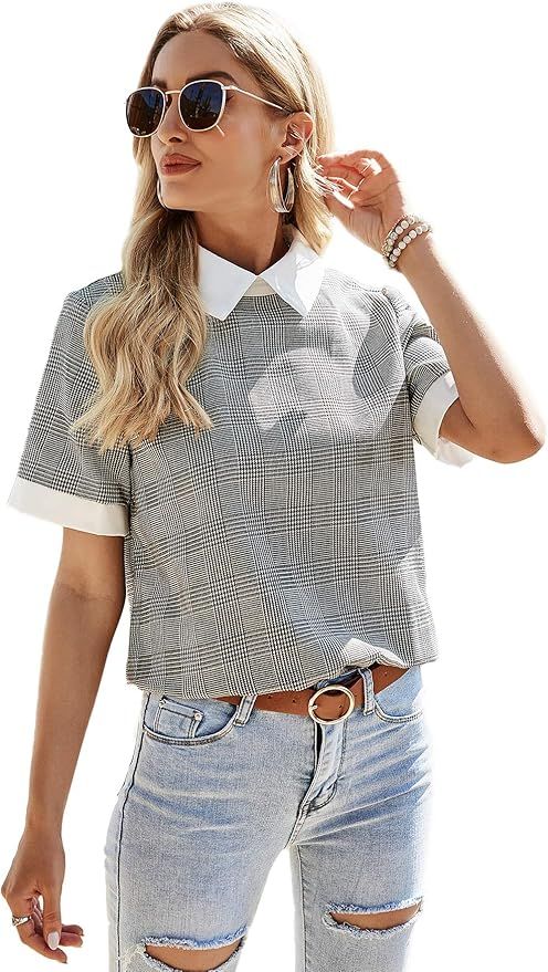 SheIn Women's Short Sleeve Contrast Collar Houndstooth Blouse Casual Keyhole Back Top | Amazon (US)