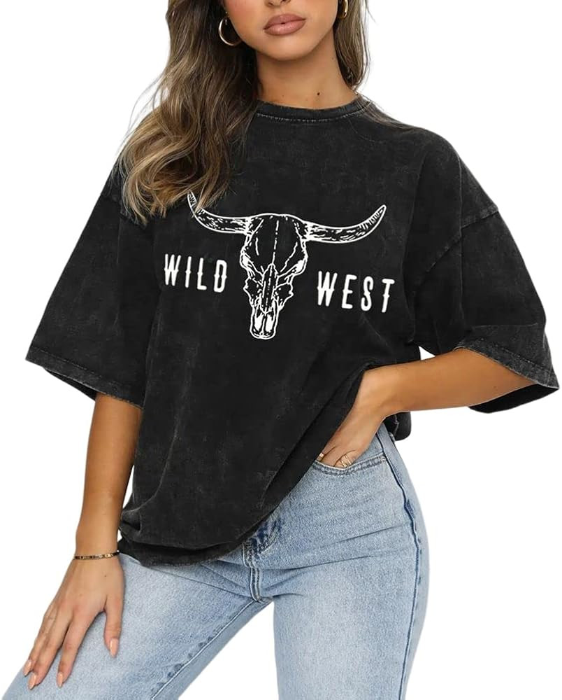 Women Wild West T-Shirt Western Boho Cow Skull Graphic Bleached Tee Vintage Rodeo Cowgirl Shirt O... | Amazon (US)