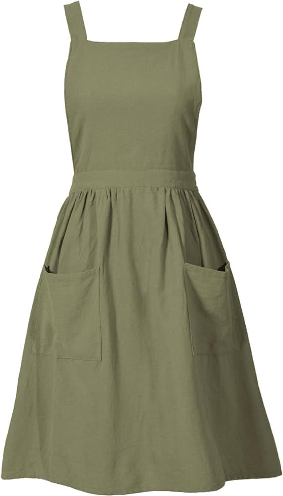 Cotton Linen Pinafore Apron Dress for Women with Pockets Cute Art Chef Aprons for Kitchen Baking ... | Amazon (US)