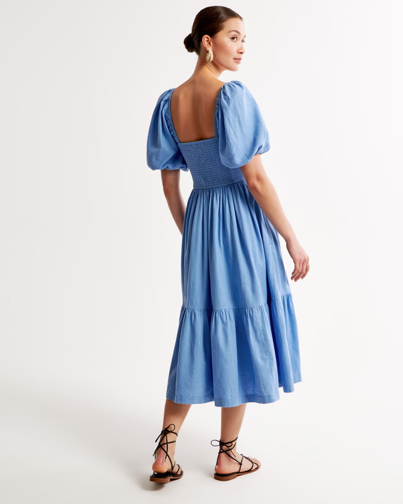 Emerson Linen-Blend Puff Sleeve Midi Dress | Abercrombie & Fitch (US)