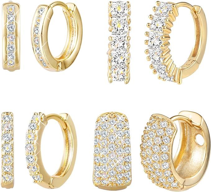 Amazon.com: Small Gold Hoop Earrings 4 Pairs Diamond Huggie Hoop Earrings 14K Gold Plated Chunky ... | Amazon (US)