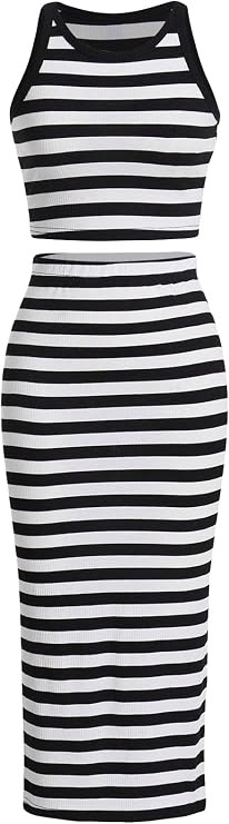 Verdusa Women's Casual 2 Piece Sets Round Neck Sleeveless Slim Fit Striped Tank Top and Skirt | Amazon (US)
