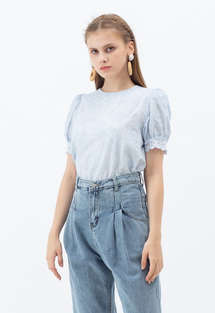 Delicate Floral Embroidered Short-Sleeve Top in Blue | Chicwish