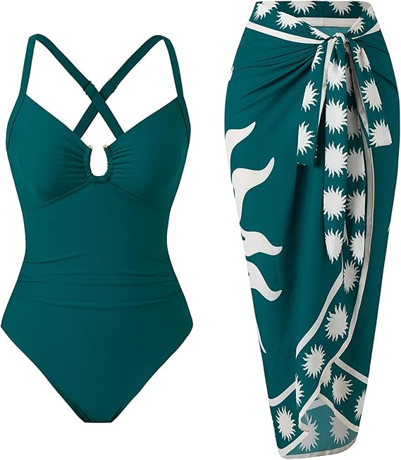 Women’s Tummy Control One Piece Swimsuit Set with Skirt Wrap Cover Up Retro Bathing Suit | Amazon (US)