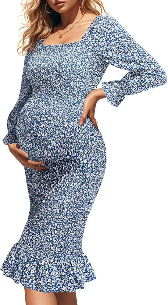 Maternity Dresses Baby Shower - Fall Long Sleeve Floral Smocked Bodycon Mermaid Midi Dress | Amazon (US)