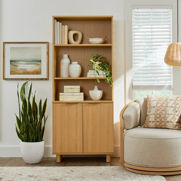 Better Homes & Gardens Lillian Fluted Bookcase with Doors, Natural Pine Finish | Walmart (US)