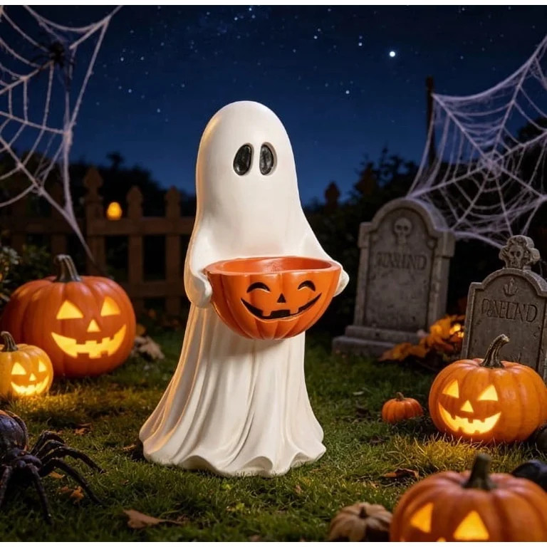 13.7" Halloween Ghost Figurine with Pumpkin Candy Bowl, Indoor Outdoor Safe Ghost Statue for Porc... | Walmart (US)