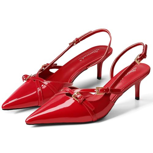 MUCCCUTE Red Kitten Heels for Women Pointed Toe Slingback Low Heels with Buckle Strap Heeled Pumps US Size 10.5 | Amazon (US)