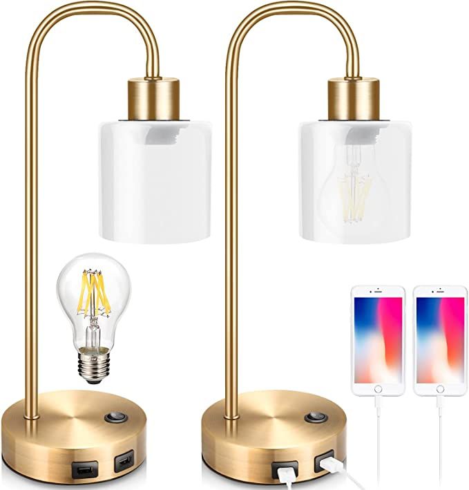 urophylla Gold Industrial Table Lamps for Bedrooms Set of 2,Elizabeth Vintage Bedside Lamp with U... | Amazon (US)