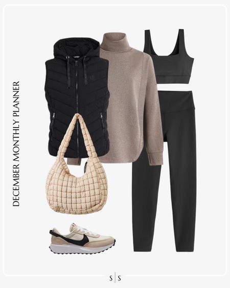 Monthly outfit planner: DECEMBER: Winter looks | quilted vest, mock neck mid layer, sports tank, 7/8 legging, sneaker, athleisure, activewear, weekend wear 

See the entire calendar on thesarahstories.com ✨ 

#LTKfitness #LTKstyletip