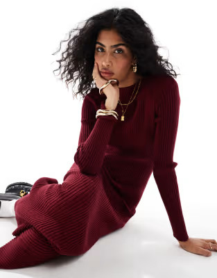 ASOS DESIGN knitted crew neck maxi dress in rib in burgundy | ASOS (Global)