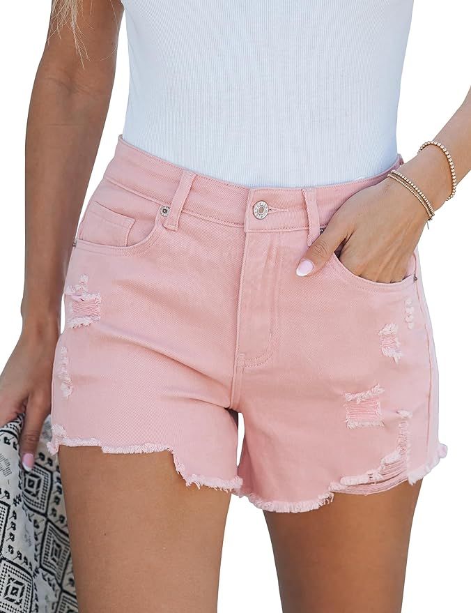 luvamia Jean Shorts for Women High Waisted Stretchy Distressed Denim Shorts Ripped Frayed Raw Hem... | Amazon (US)