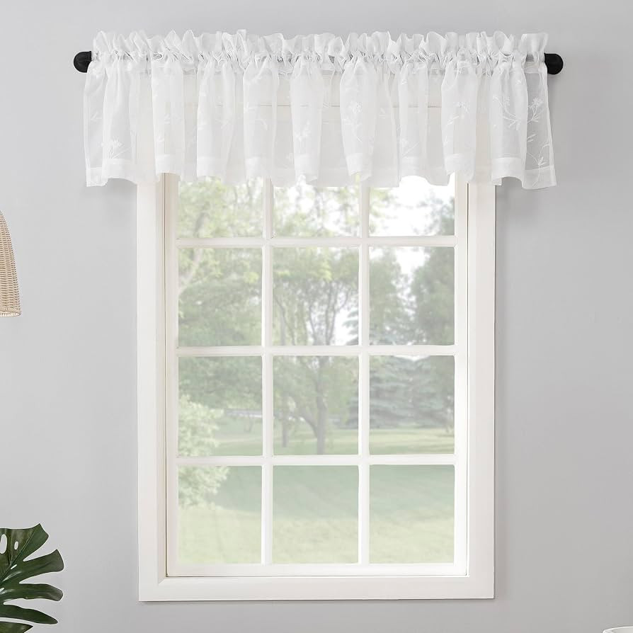 No. 918 Delia Embroidered Floral Sheer Rod Pocket Curtain Valance, 50" x 17", Ivory Off-White | Amazon (US)