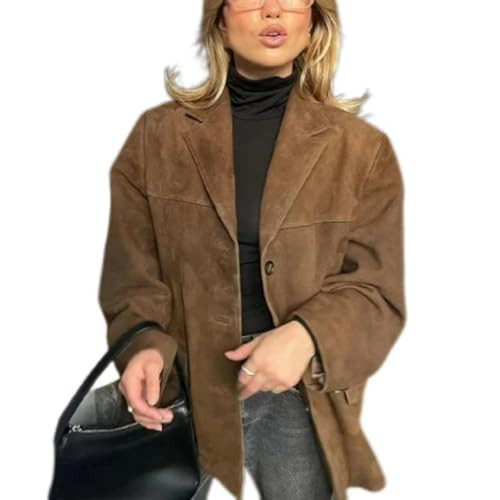 Buzoh Brown Suede Jacket Women - Y2K Faux Suede Blazer Coat Vintage Aesthetics Old Money Oversized Outerwear (Brown,Small) | Amazon (US)