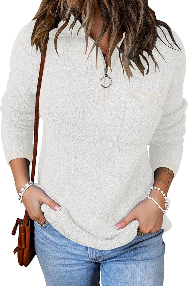 ZESICA Women’s Quarter Zip V Neck Long Sleeve Solid Color Sherpa Fuzzy Chunky Knit Pullover Swe... | Amazon (US)