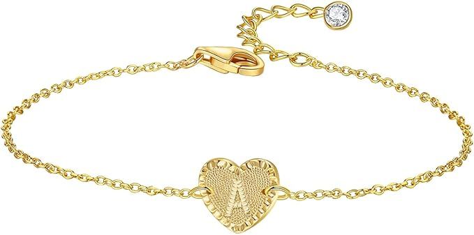 Initial Heart Shape 14k Real Gold Plated Lobster Clasp Bracelet for Women Cute Heart Pendant Brac... | Amazon (US)