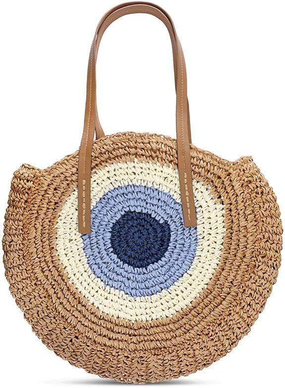 Straw Bag Round Woven Zippered Shoulder Bag Crossbody Bags Handwoven Handbags | Amazon (US)