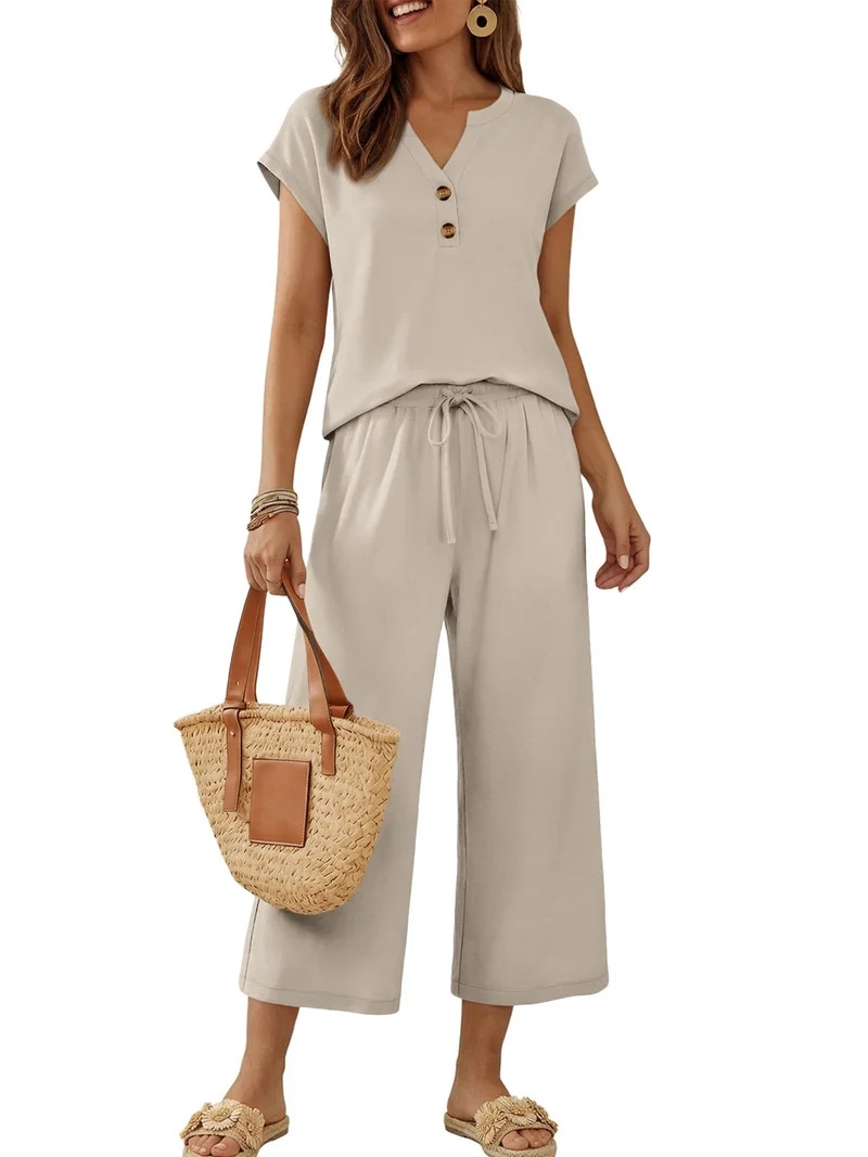SUNBS Lounge Sets for Women 2 Piece Outfit Sets Cap Sleeve Henley Shirt and Pants Sweatsuit Women... | Walmart (US)