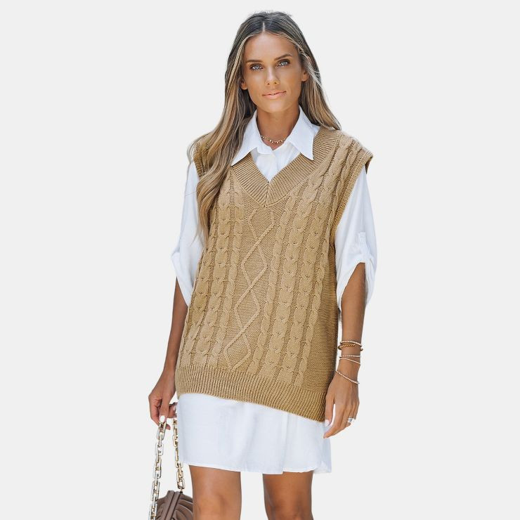 Women's Cable Knit V Neck Sweater Vest - Cupshe -Brown | Target