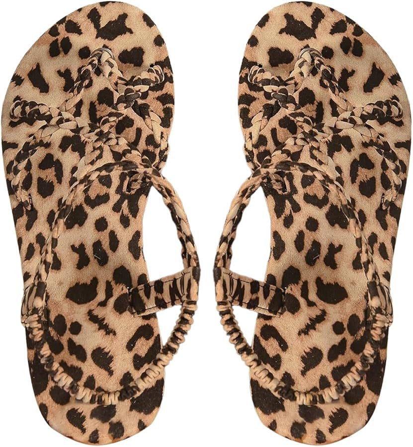 GORGLITTER Women's Leopard Strappy Flats Sandals Cheetah Open Toe Thong Sandals Summer Dressy Sli... | Amazon (US)