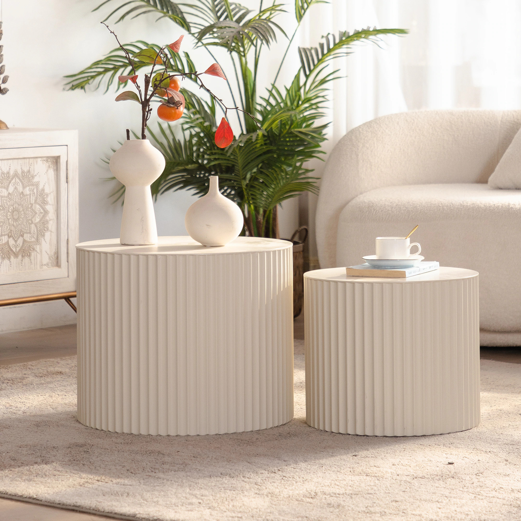 GDFStudio Indoor Modern Wood 27.56-in and 19.69-in Round Coffee Table for Living Room with Handcrafted Relief Design and No Assembly Beige and Cream | Lowe's