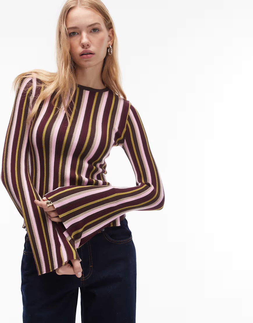 ASOS DESIGN supersoft knit top with flare sleeve in multi stripe | ASOS (Global)