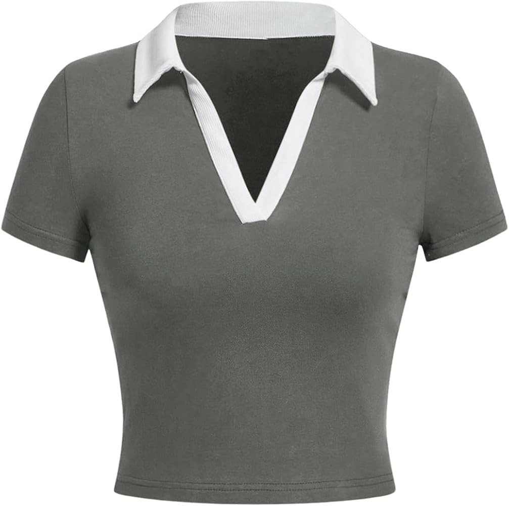 COZYEASE Women's Color Clock Preppy Collared Neck Crop Tops Preppy Style V Neck Slim Fit Crop Tee... | Amazon (US)