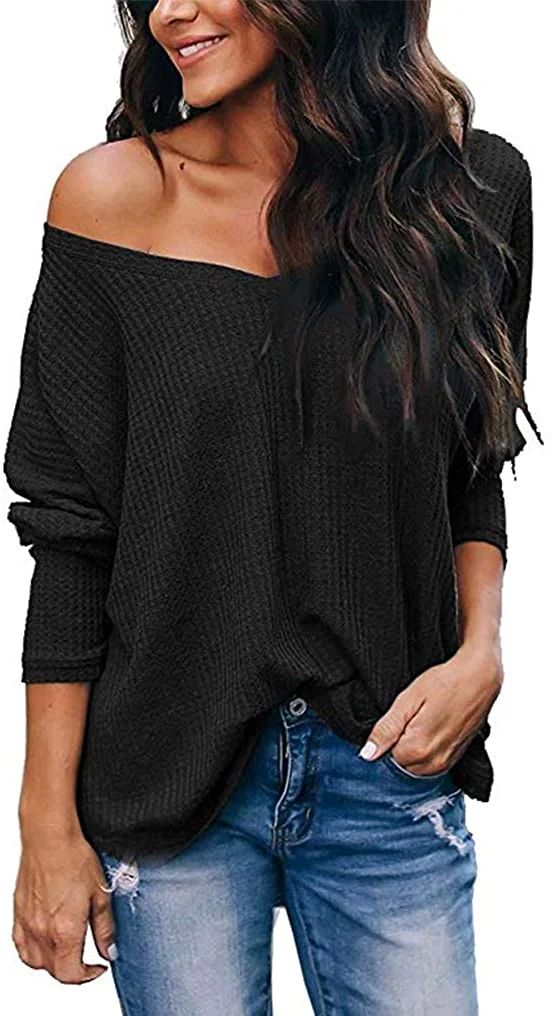 Women's Casual Batwing Sleeve Off Shoulder Tops V Neck Waffle Knit Shirts | Walmart (US)