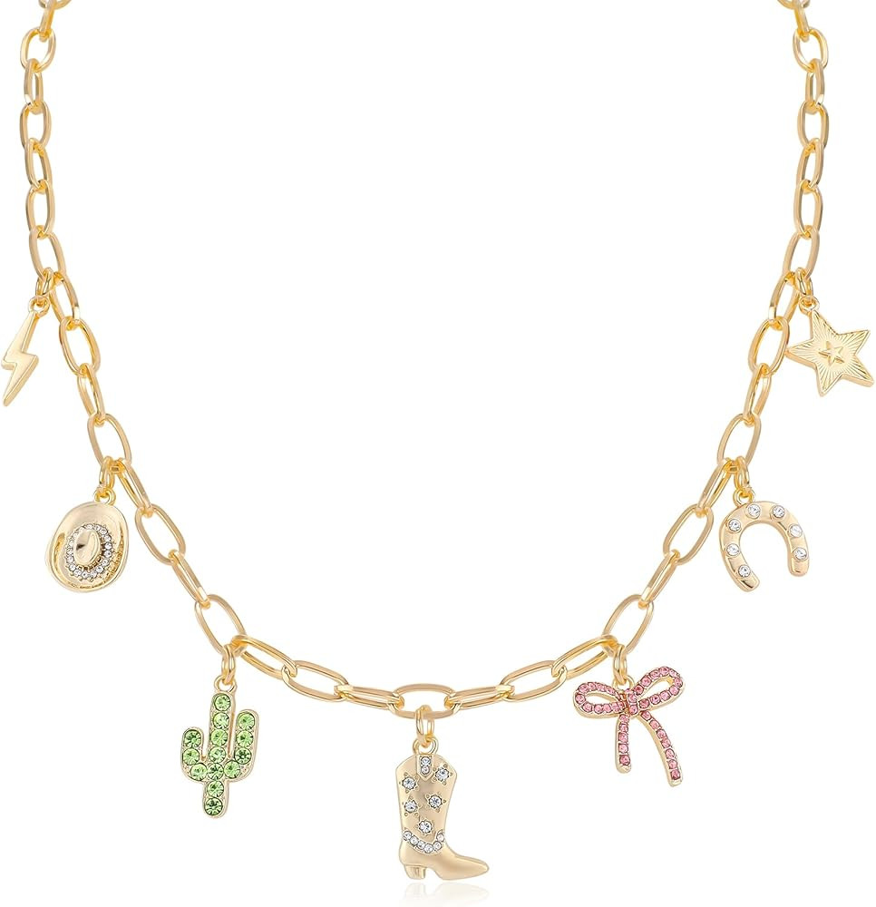 NEKOL Western Charm Necklace for Women, Stars Horseshoe Bow Cowboy Boots Cactus & Lightning Penda... | Amazon (US)