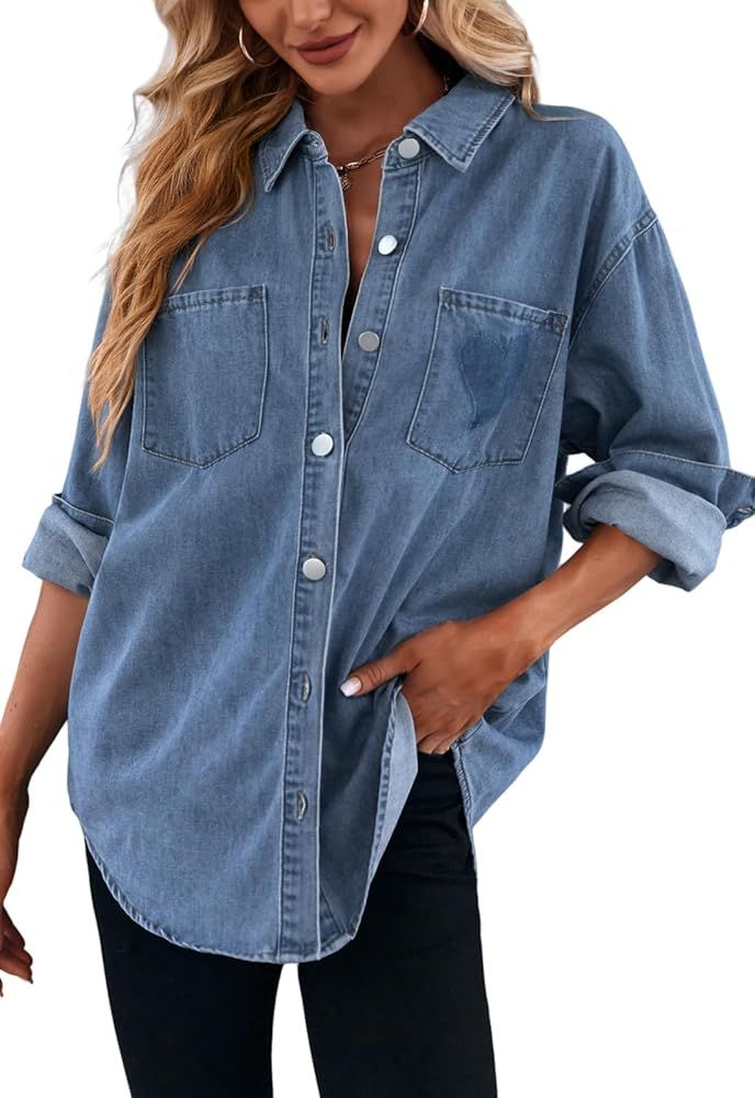 Women's Casual Button Down Denim Shirt Long Sleeve Boyfriend Oversized Jean Jacket with Pockets | Amazon (US)