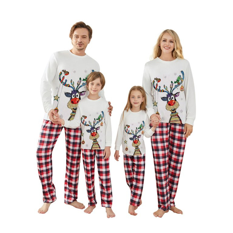 Christmas Family Matching Pajamas Set Adult Kids Baby Santa Deer Long Sleeve Tops+Plaid Pants Set... | Walmart (US)
