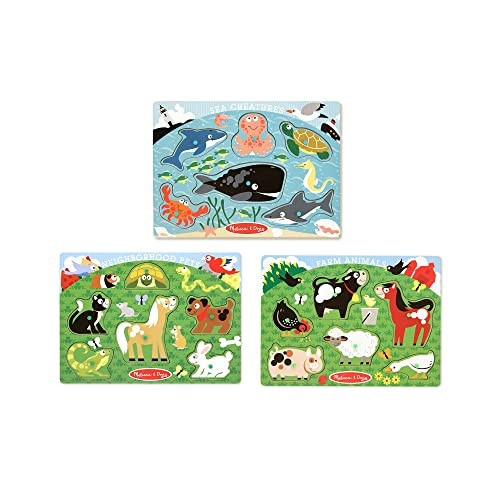 Melissa & Doug Animals Wooden Peg Puzzles Set - Farm, Pets, and Ocean - Animal Puzzles, Peg Puzzles For Toddlers Ages 2+ | Amazon (US)