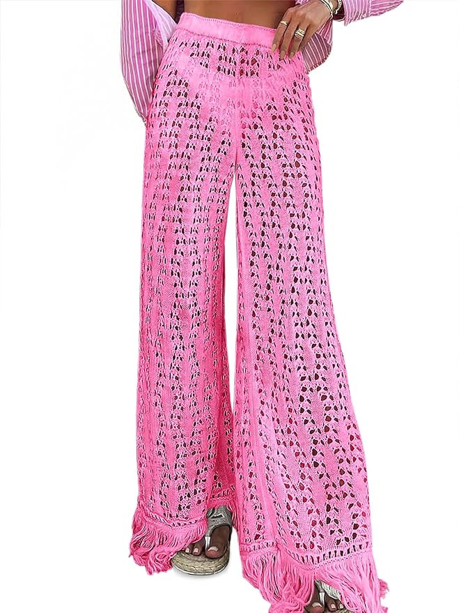 Fisoew Womens Crochet Cover Up Pants Casual Wide Leg High Waisted Hollow Out Tassel Summer Beach ... | Amazon (US)