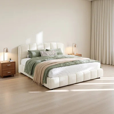 King Size Platform Bed With Boucle, Soft Boucle Fabric Upholstered Platform Bed With Curve-Shaped Design Headboard | Wayfair North America