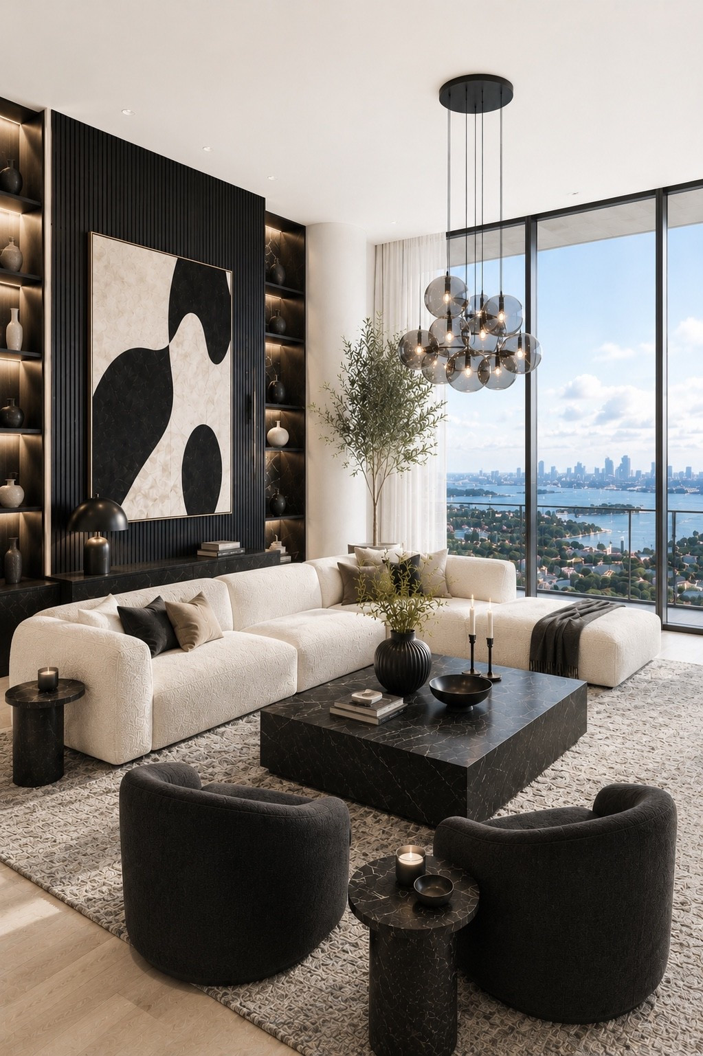 A timeless luxury living room featuring a creamy modular sofa, sculptural black accent chairs, a bold black feature wall, oversized abstract artwork, and dramatic designer lighting. Layered neutral textures, custom built-ins, and floor-to-ceiling windows create a sophisticated contemporary space inspired by luxury penthouses and boutique hotels.

#livingroomdesign #blackandwhiteinterior #luxurylivingroom #modernlivingroom #luxuryinteriors #neutralhome #livingroomdecor #interiordesign #designerhome #modernhome #homedecor #statementdecor #homeinspiration #interiorinspiration #contemporarydesign #ltkhome #amazonhome #modernluxury #highendinteriors #minimalisthome
