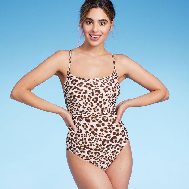 Women's Leopard Print Wrap Belt Medium Coverage One Piece Swimsuit - Kona Sol™ Beige | Target
