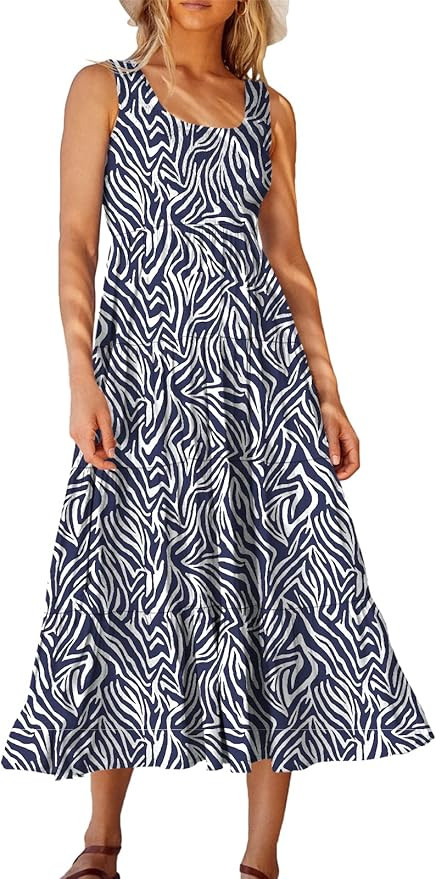 ANRABESS Women's Summer Sleeveless Smocked Sundress Boho Ruffle Tiered Swing A Line Beach Midi Dr... | Amazon (US)