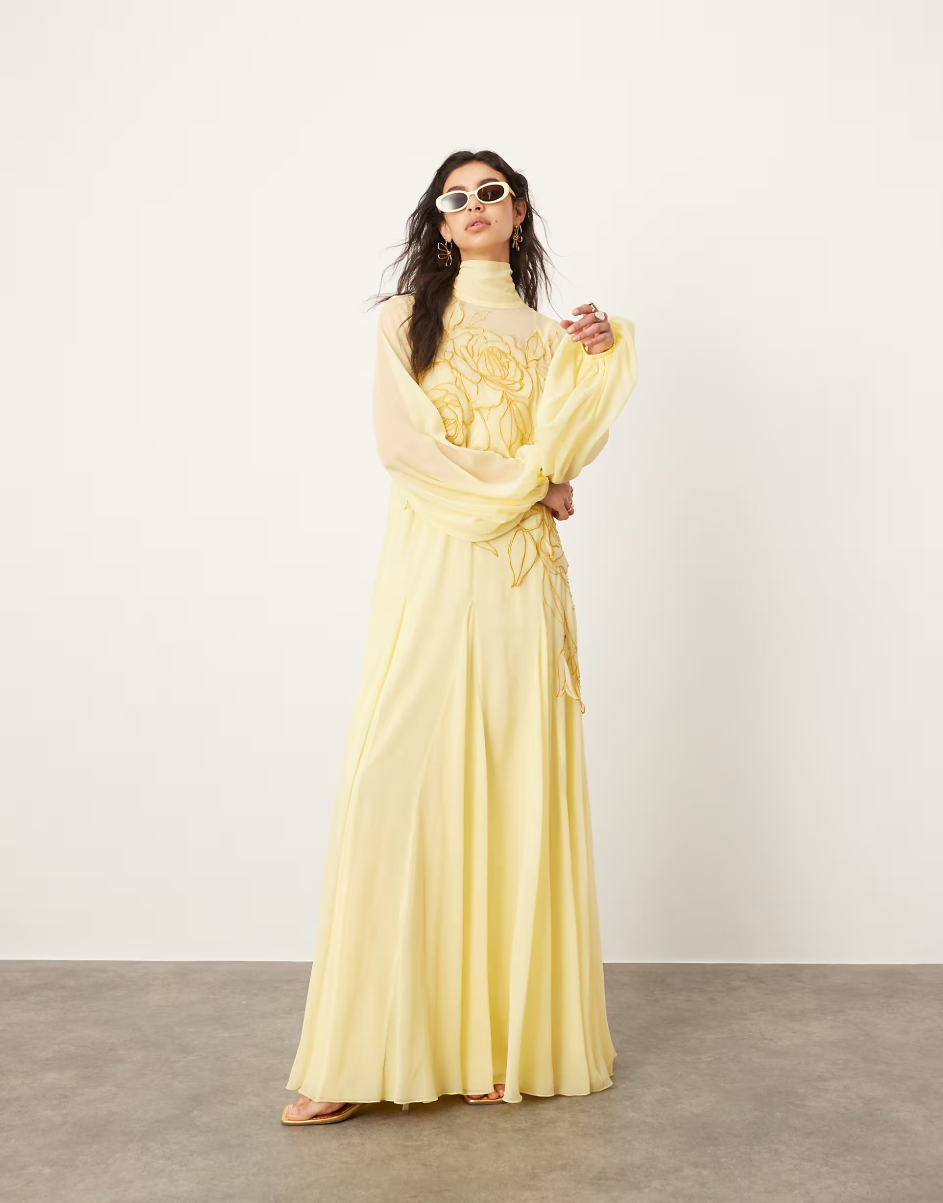 ASOS EDITION applique floral tie neck blouson sleeve trapeze maxi dress in soft yellow | ASOS (Global)