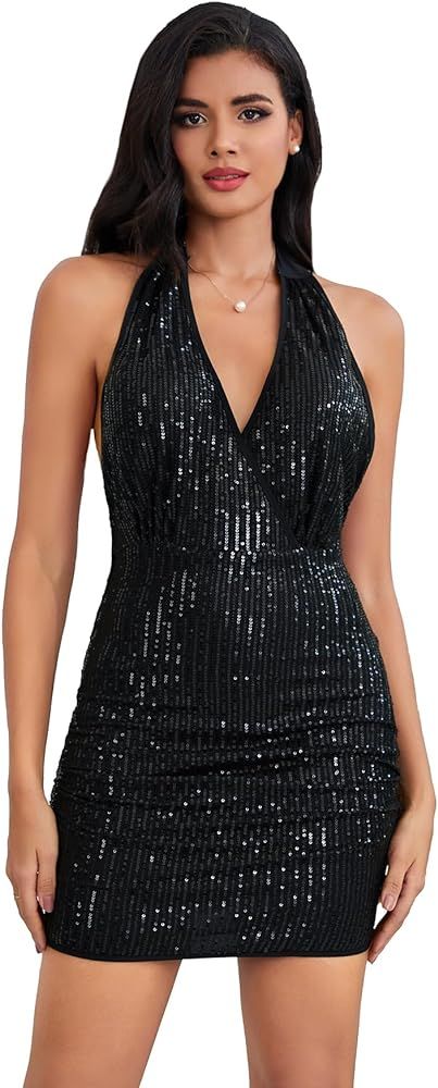 WDIRARA Women's Glitter Ruched Dress Halter V Neck Sleeveless Bodycon Sexy Mini Dress | Amazon (US)