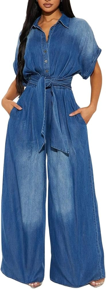 utcoco Womens 2025 Casual Loose Denim Overalls Jumpsuits Half Button Tie Elastic Wasit Jean Wide ... | Amazon (US)