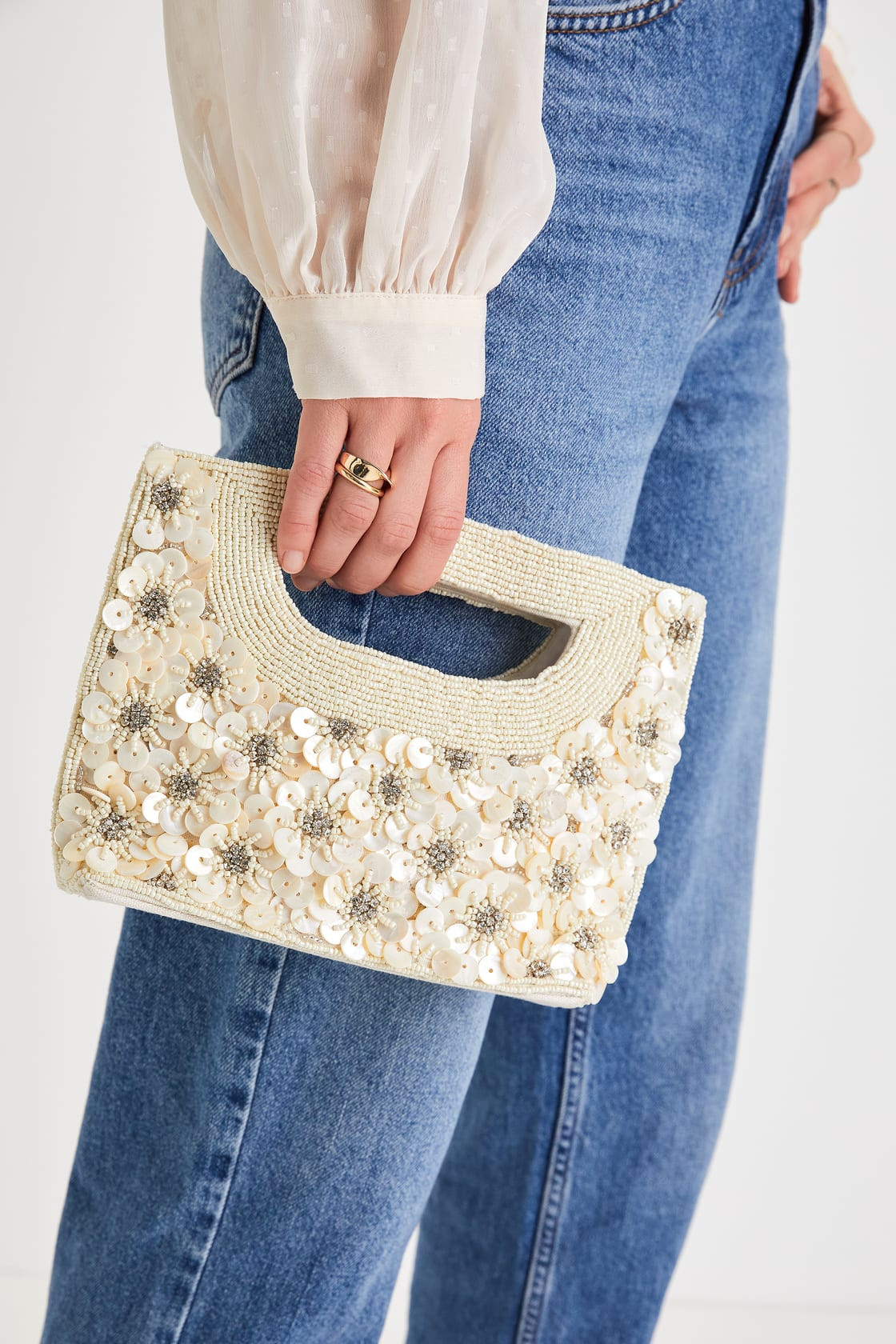 Treasured Moment Ivory Beaded Shell Rhinestone Handle Clutch | Lulus (US)