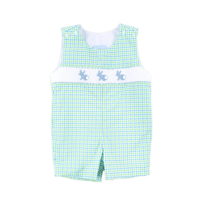 Easter Bunny Smocked Blue & Green Gingham Jon Jon | Classic Whimsy