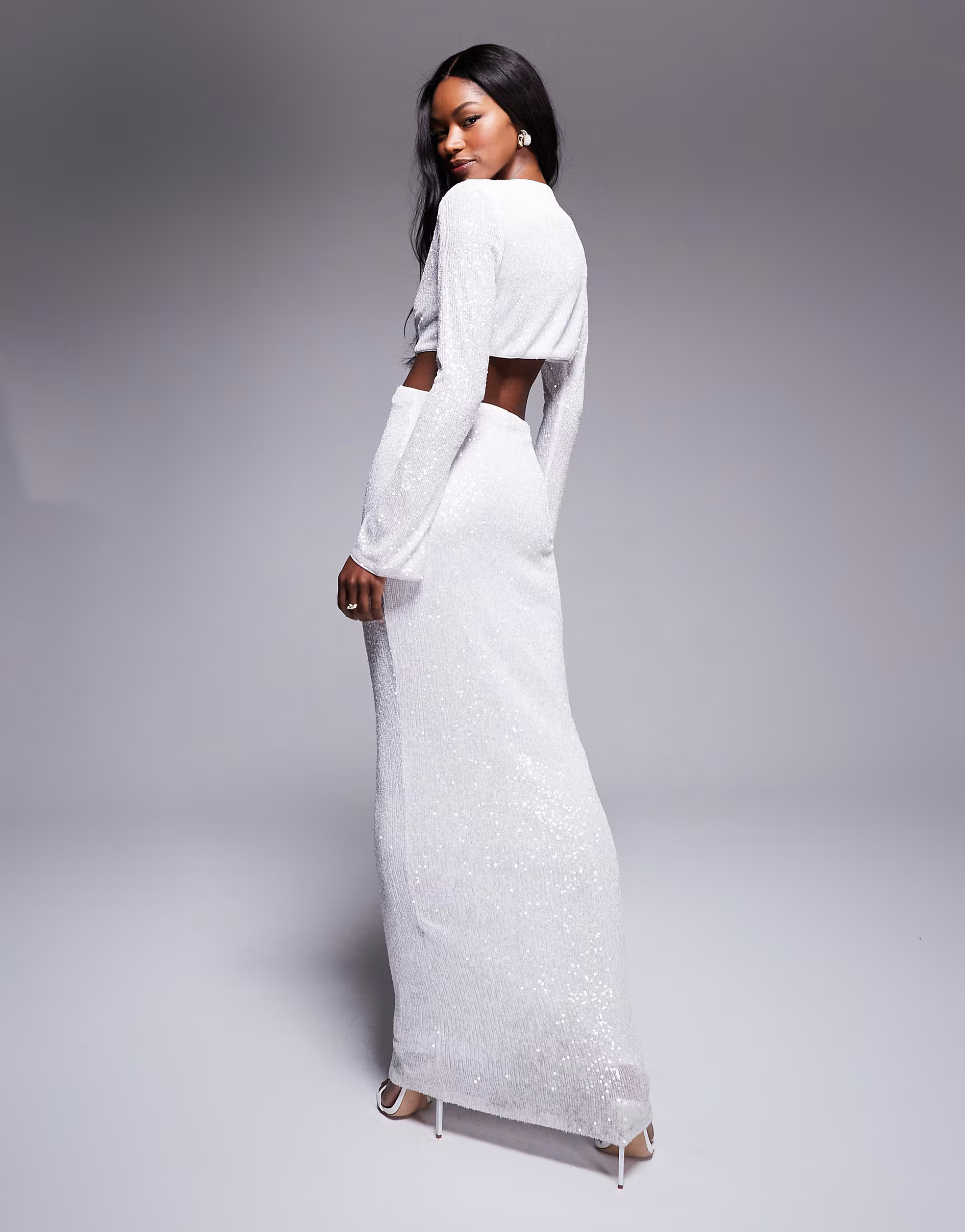 ASOS DESIGN sequin long sleeve wrap around maxi dress with keyhole detail in white | ASOS | ASOS (Global)