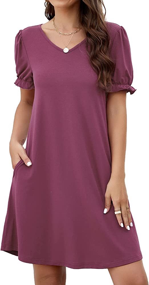 WEACZZY Women‘s Summer Dresses Casual Short Puff Sleeve Tshirt Dress V-Neck Flowy Swing Loose D... | Amazon (US)