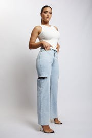 Donna Straight Leg Side Rip Jean - Light Blue | MESHKI US